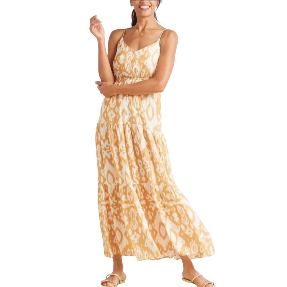 BB Dakota Ikat Print Yellow White Tiered Maxi Dress Size XS Summer Vacation Boho